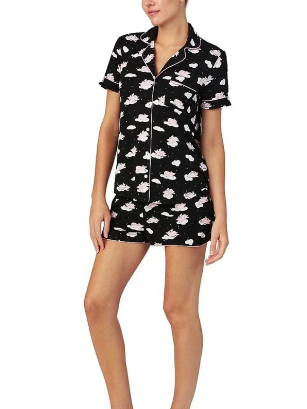 Short Sleeve Notch Collar Knit Flying Pigs Print Shorty Pyjama Set